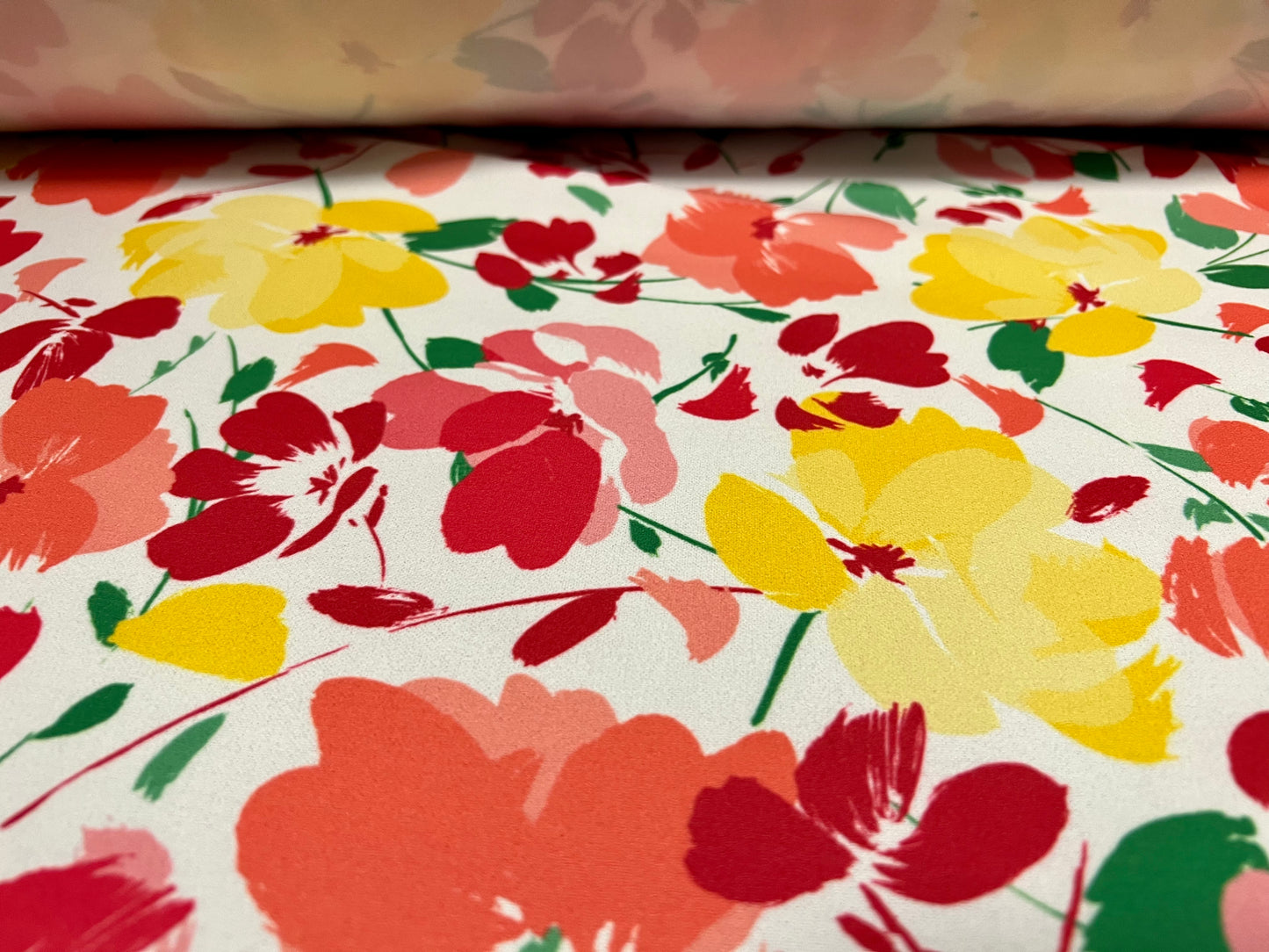 Scuba crepe stretch spandex double jersey fabric, per metre - floral print - yellow & pink