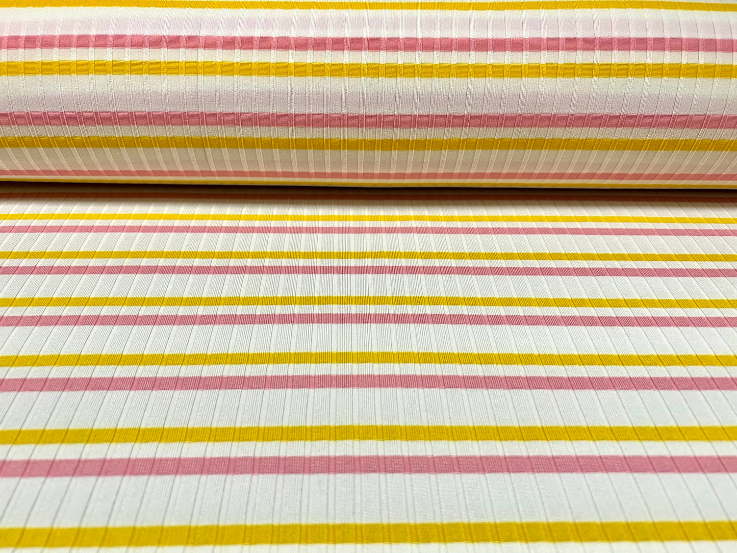 Stretch Spandex rib jersey fabric, per metre - Neapolitan stripe - white pink yellow