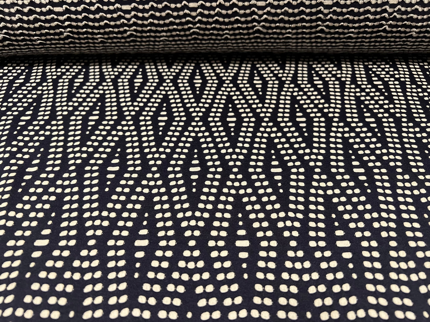 Jersey fashion fabric, per metre - diamond jacquard - navy blue & ivory