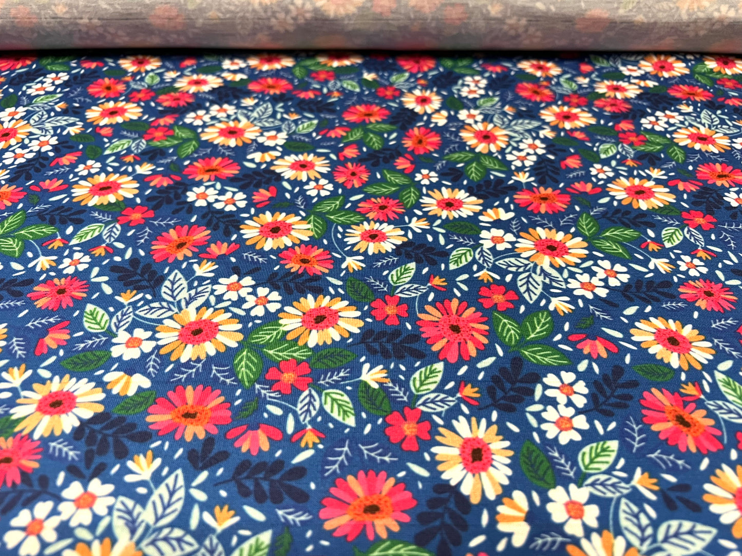 Soft handle single jersey fashion fabric, per metre - flower print - bright blue