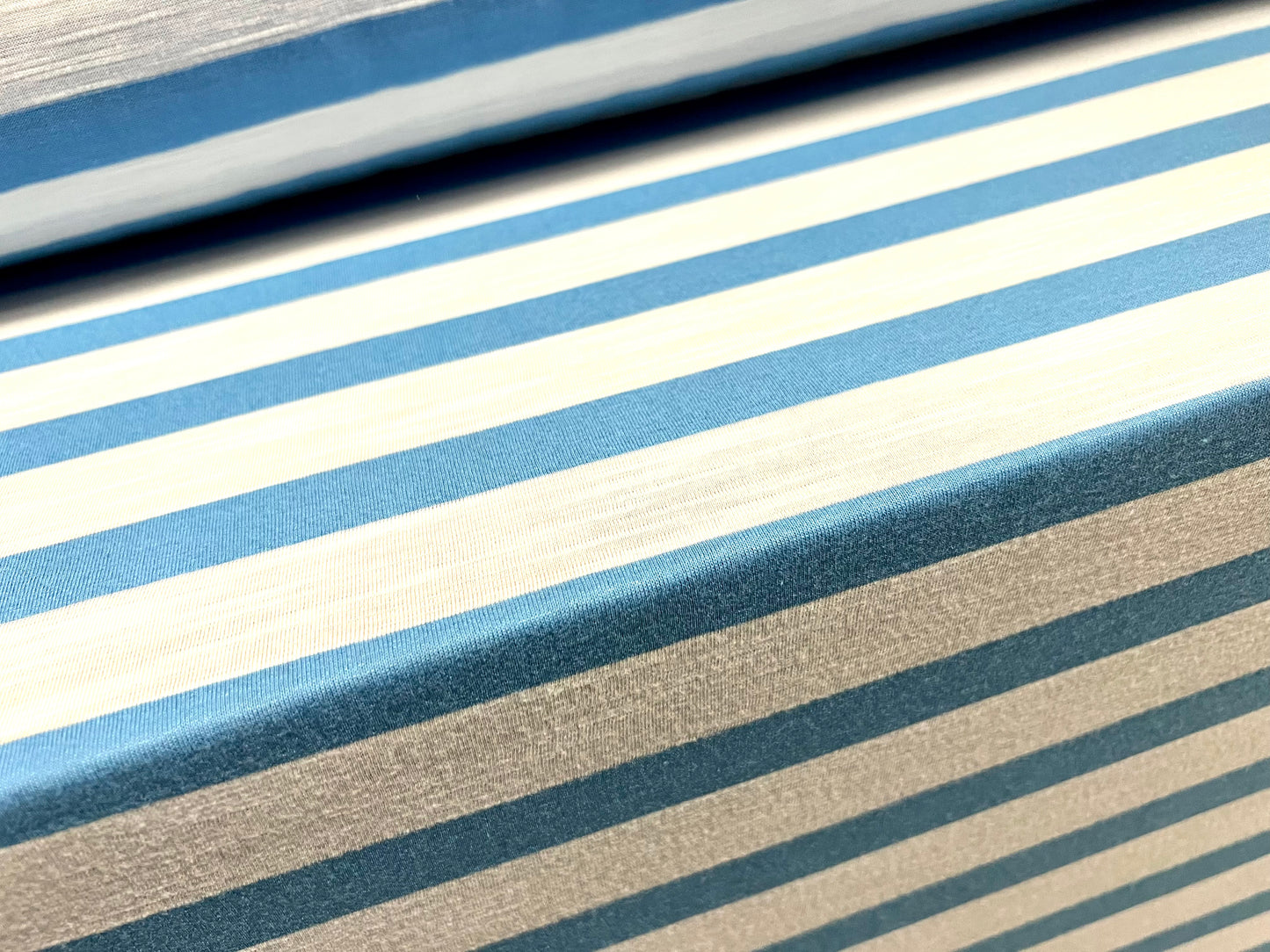 Soft handle single jersey fabric, per metre - slub stripe - sky blue & white