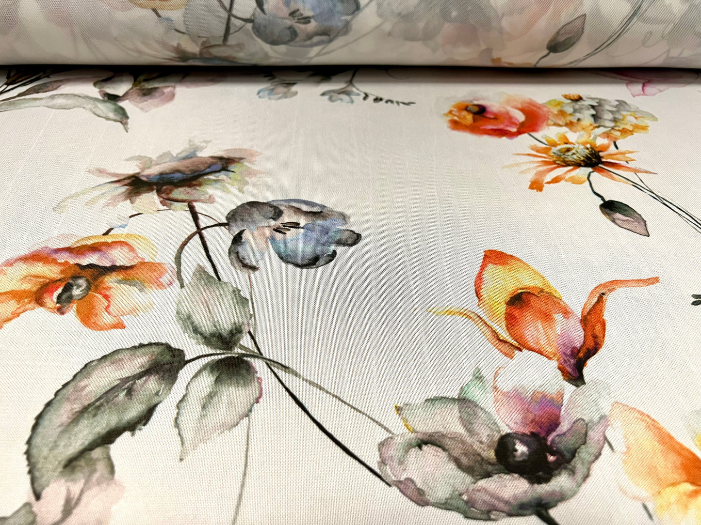 Power mesh net sheer stretch spandex fabric, per metre - watercolour lily flower print - ivory