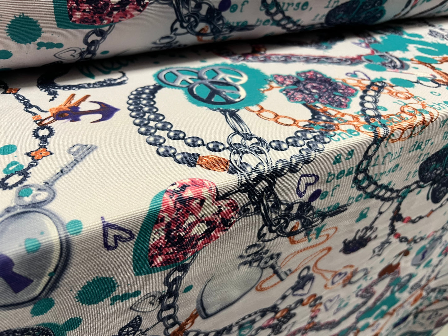 Fine Ottoman rib Stretch jersey fabric , per metre - peace and love print - grey & aqua