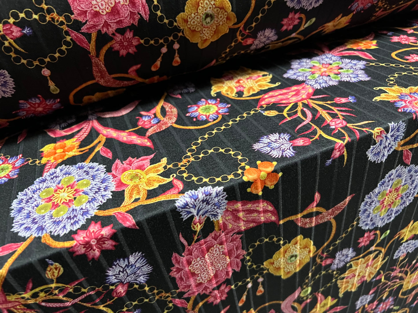 Ribbed stretch spandex jersey fabric, per metre - Flowers & Chains print - black gold pink lilac