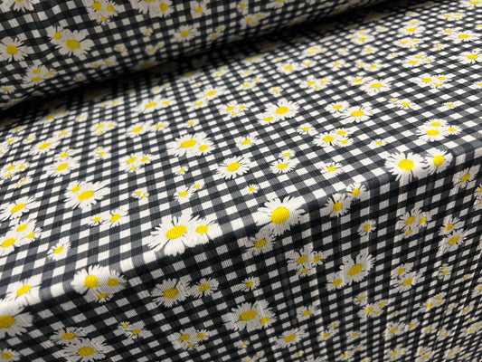 Ribbed stretch spandex jersey fabric, per metre - gingham daisy flower print - black white & yellow