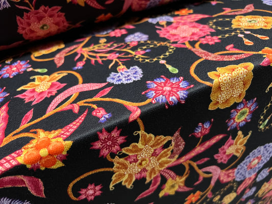 Valentino crepe spandex jersey fabric - similar to scuba - per metre - flowers & gold chains print - black pink lilac