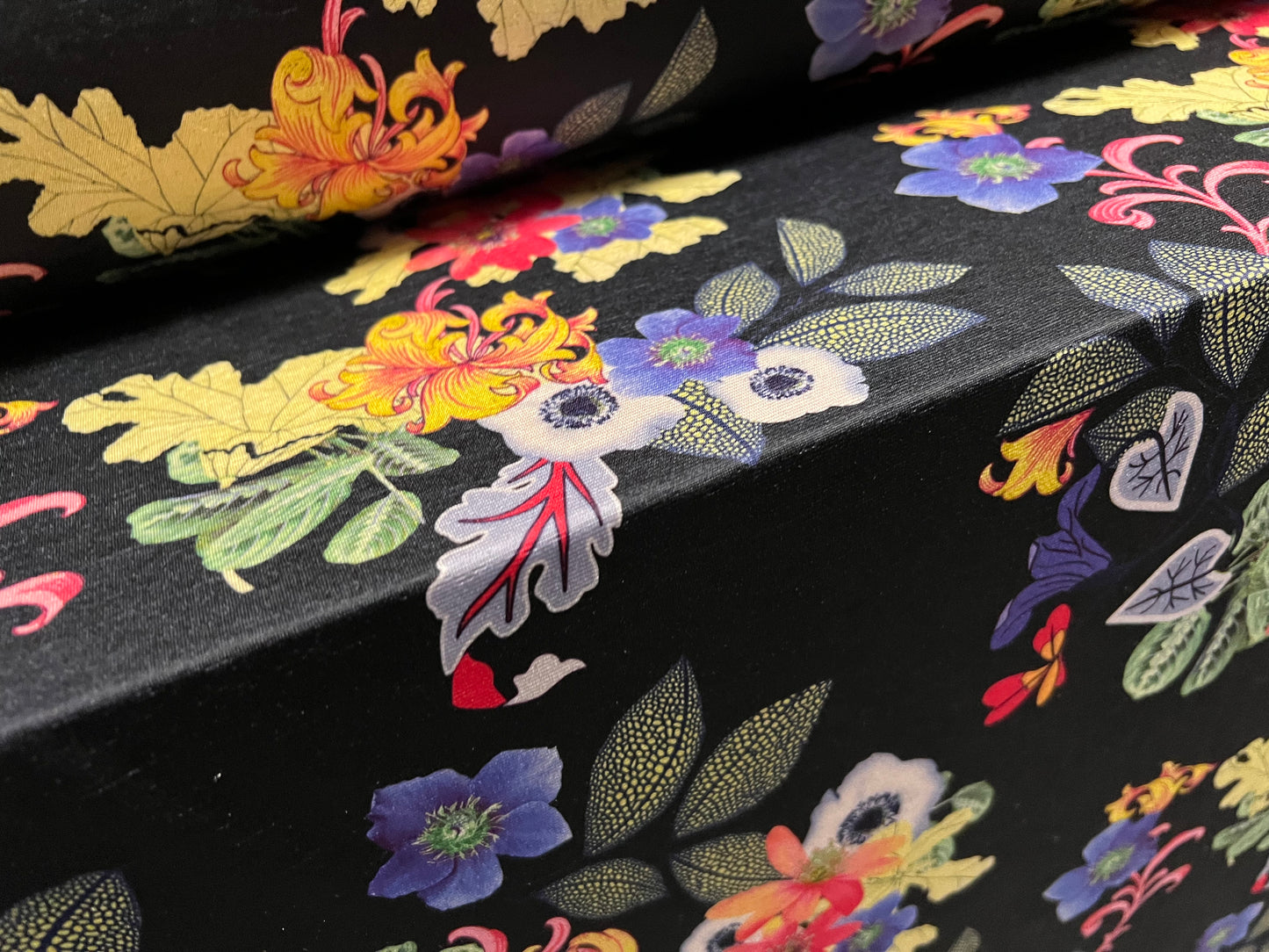 Soft touch stretch spandex single jersey fabric, per metre - flourish floral print - black