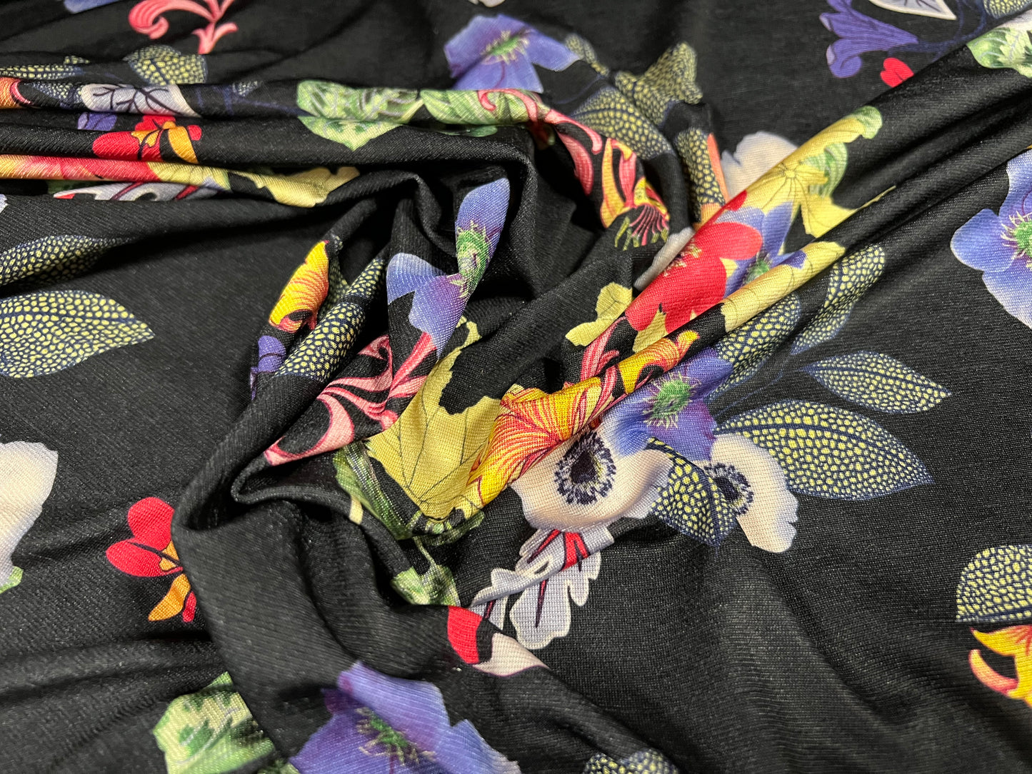 Soft touch stretch spandex single jersey fabric, per metre - flourish floral print - black