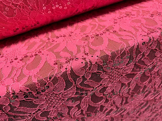 Floral sequinned lace fabric, per metre - bright pink