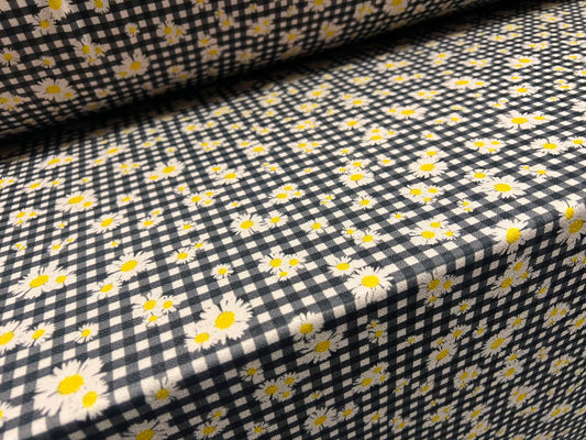 Valentino scuba style stretch spandex jersey fabric, per metre - gingham daisy flower print - black blush & yellow