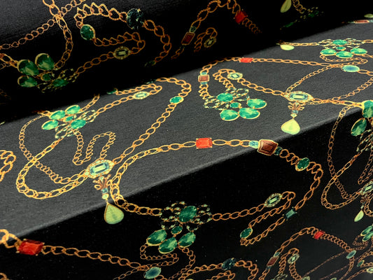 Finely textured stretch spandex single jersey fabric, per metre - jewels & chains print - black and emerald green