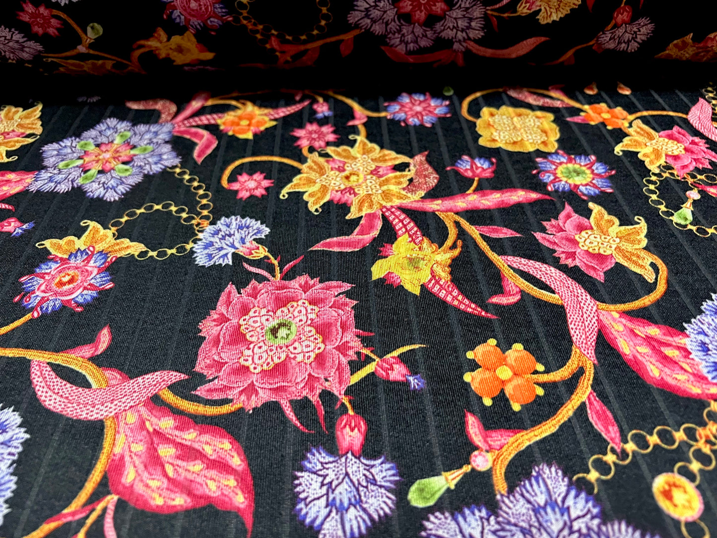 Ribbed stretch spandex jersey fabric, per metre - Flowers & Chains print - black gold pink lilac