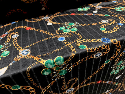 Ribbed stretch spandex jersey fabric, per metre - jewels and gold chains print - black & emerald green