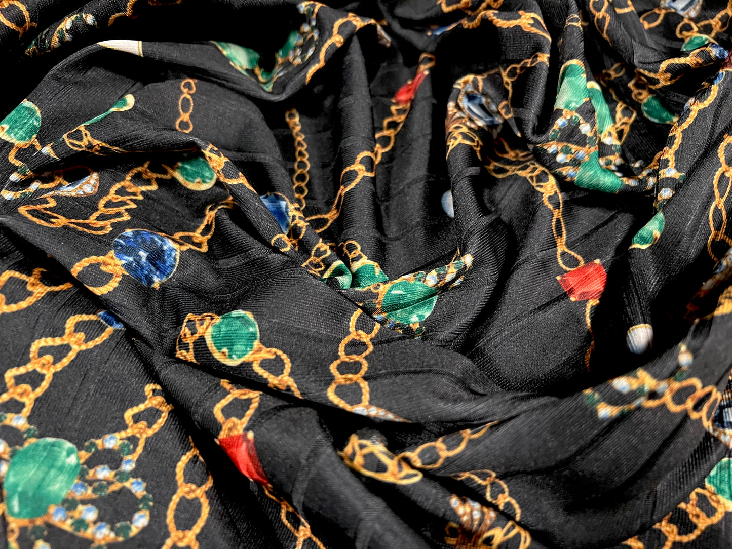 Ribbed stretch spandex jersey fabric, per metre - jewels and gold chains print - black & emerald green