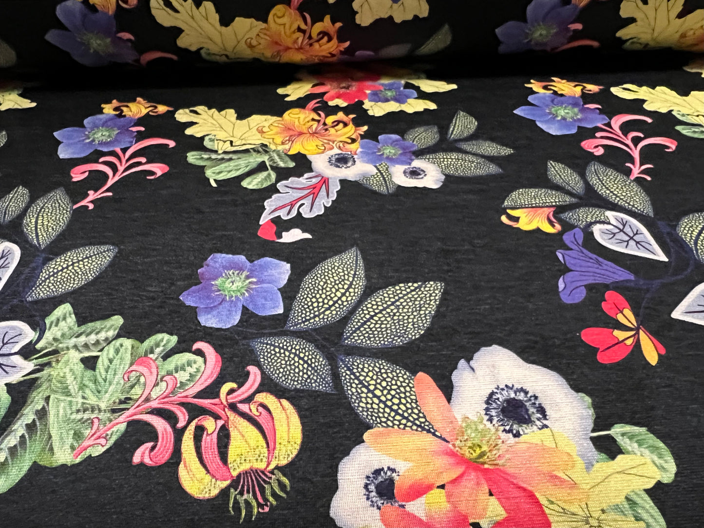 Soft touch stretch spandex single jersey fabric, per metre - flourish floral print - black