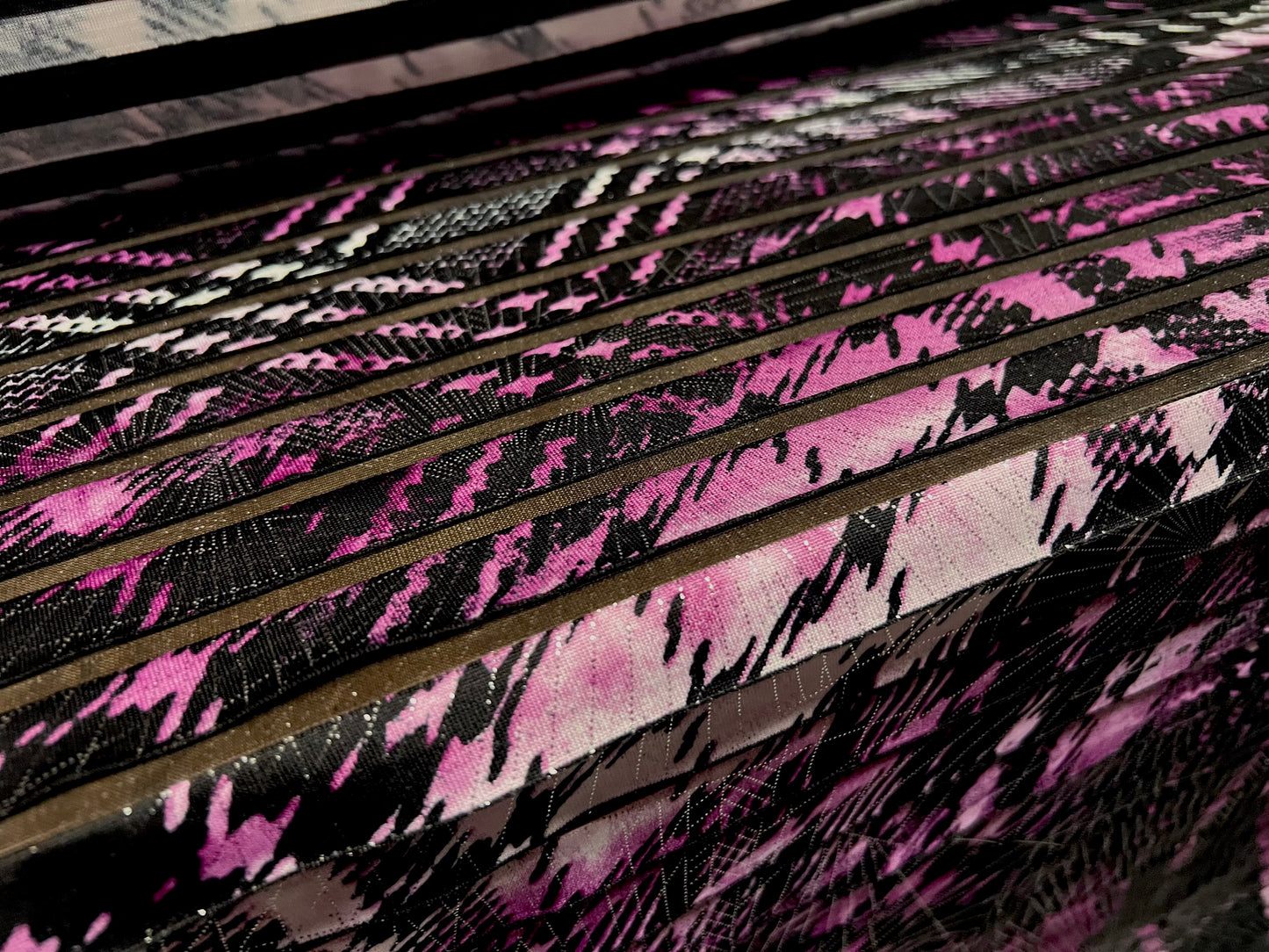 Metallic ra-ra frilled jersey fashion fabric, per metre - abstract print - black magenta & silver