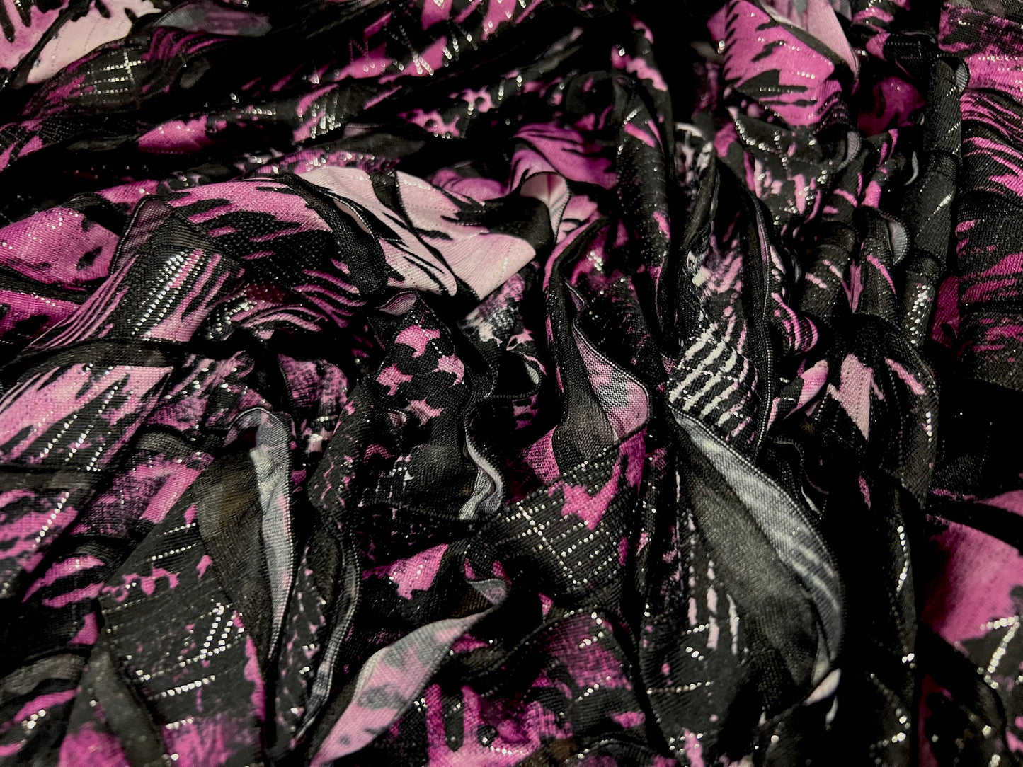 Metallic ra-ra frilled jersey fashion fabric, per metre - abstract print - black magenta & silver