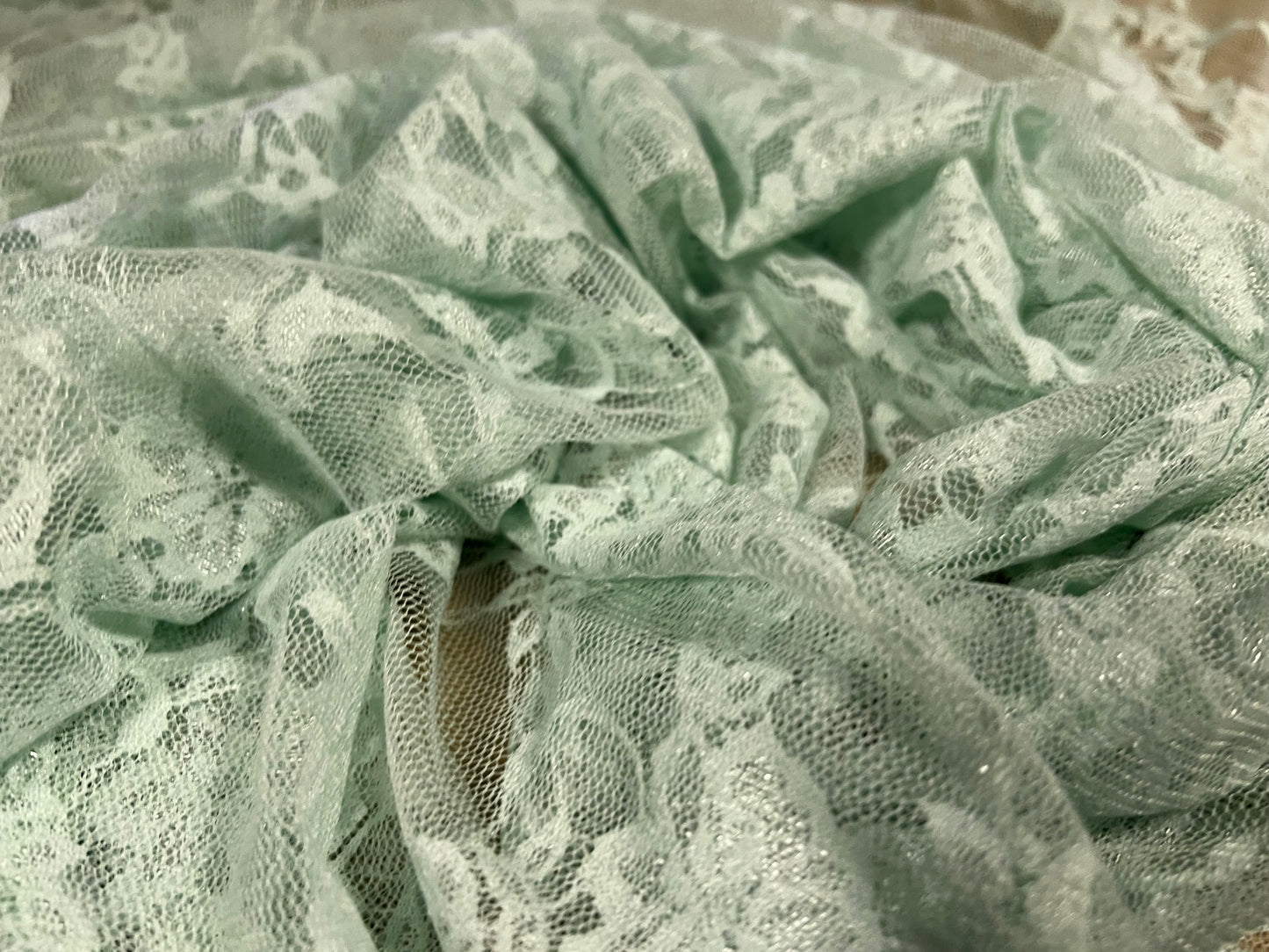 Stretch spandex lace mesh net fabric, per metre - floral - mint green