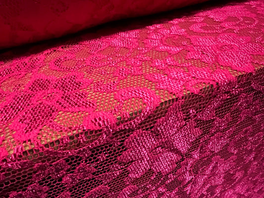 Stretch spandex lace floral dress fabric, per metre - scalloped selvedge - cerise pink