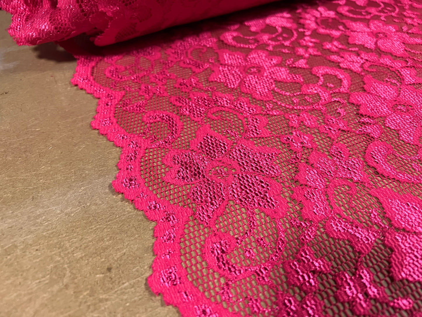 Stretch spandex lace floral dress fabric, per metre - scalloped selvedge - cerise pink