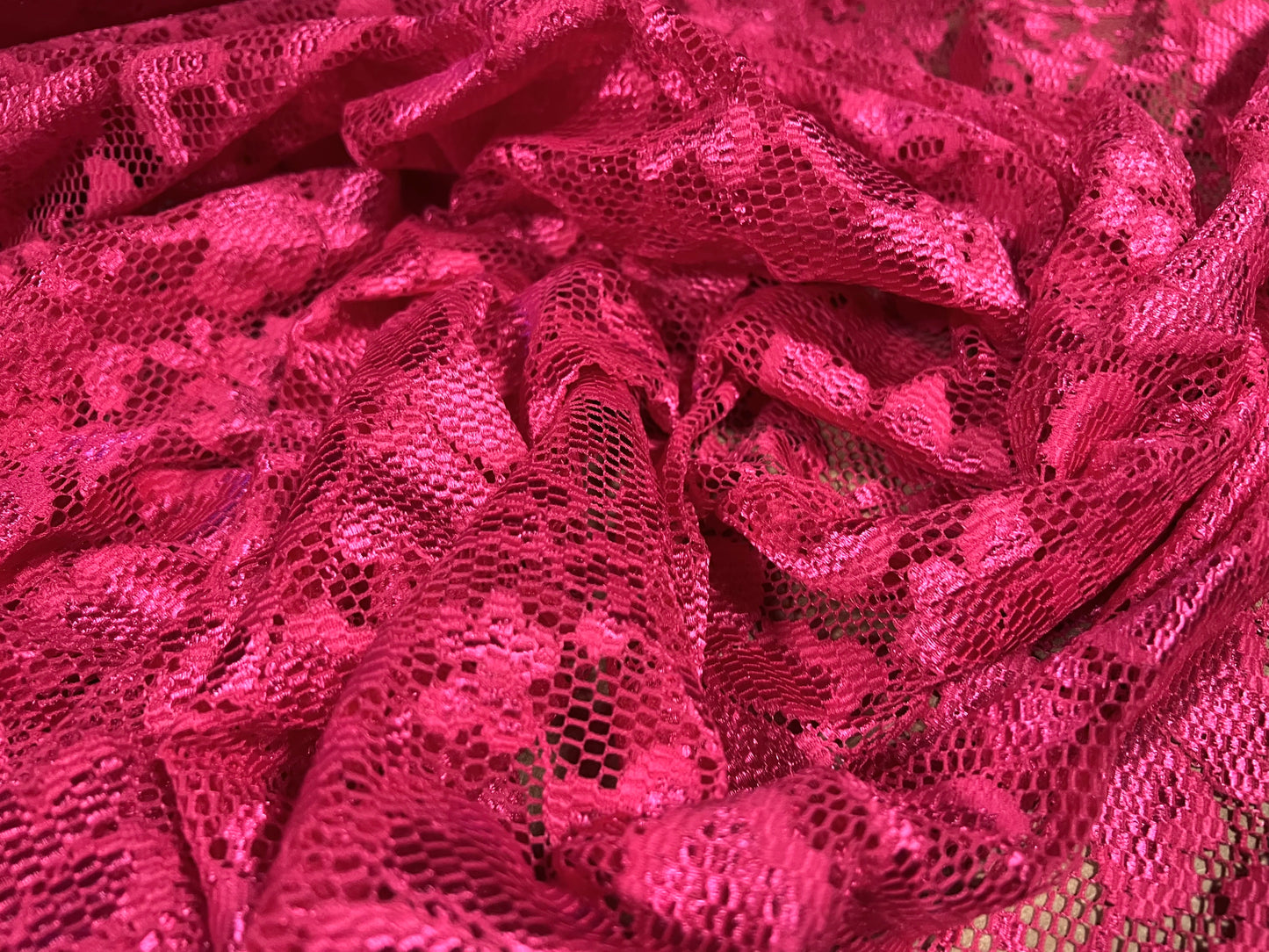 Stretch spandex lace floral dress fabric, per metre - scalloped selvedge - cerise pink