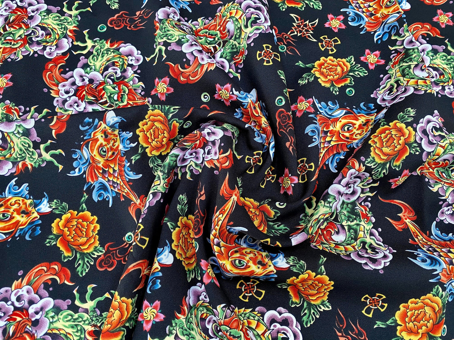 Oriental koi carp floral printed woven polyester dress fabric, per metre