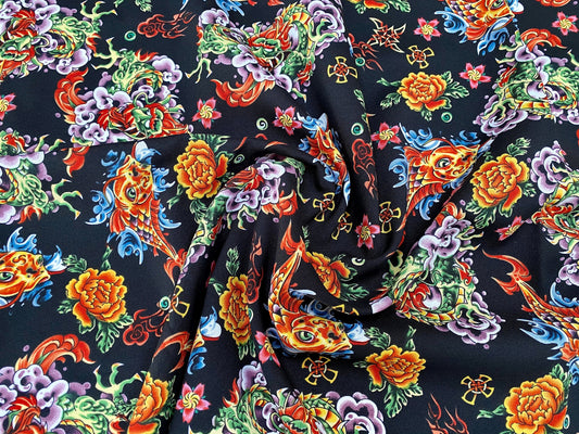 Oriental koi carp floral printed woven polyester dress fabric, per metre