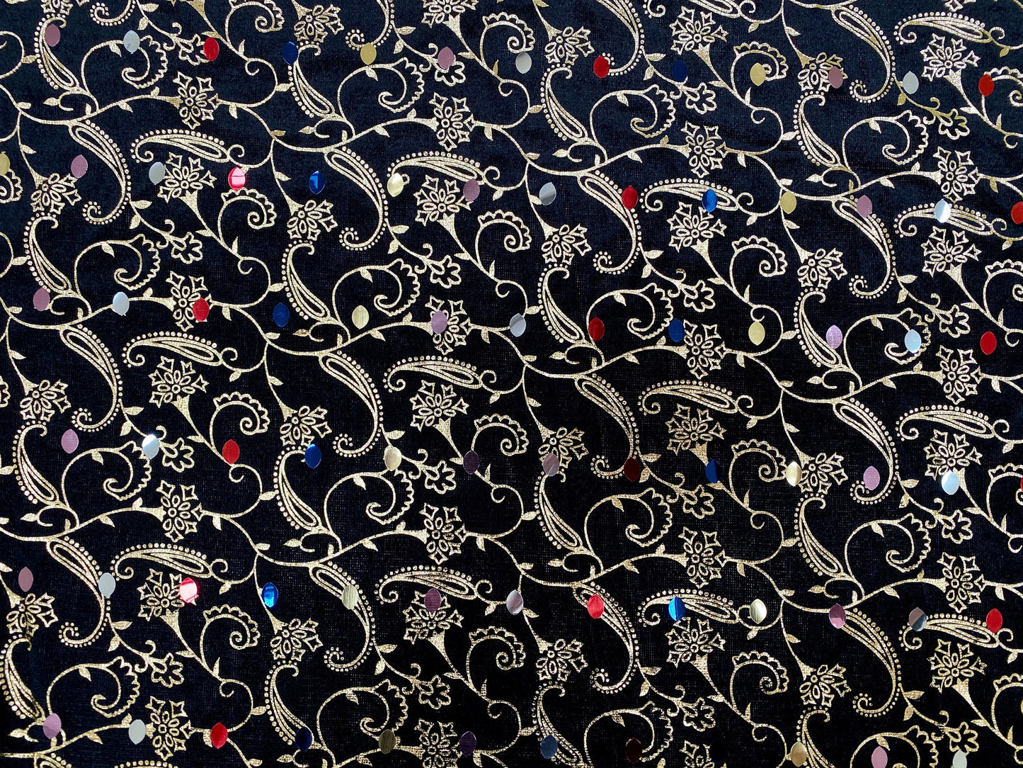 Black velour fabric with gold paisley print & sequins, per metre