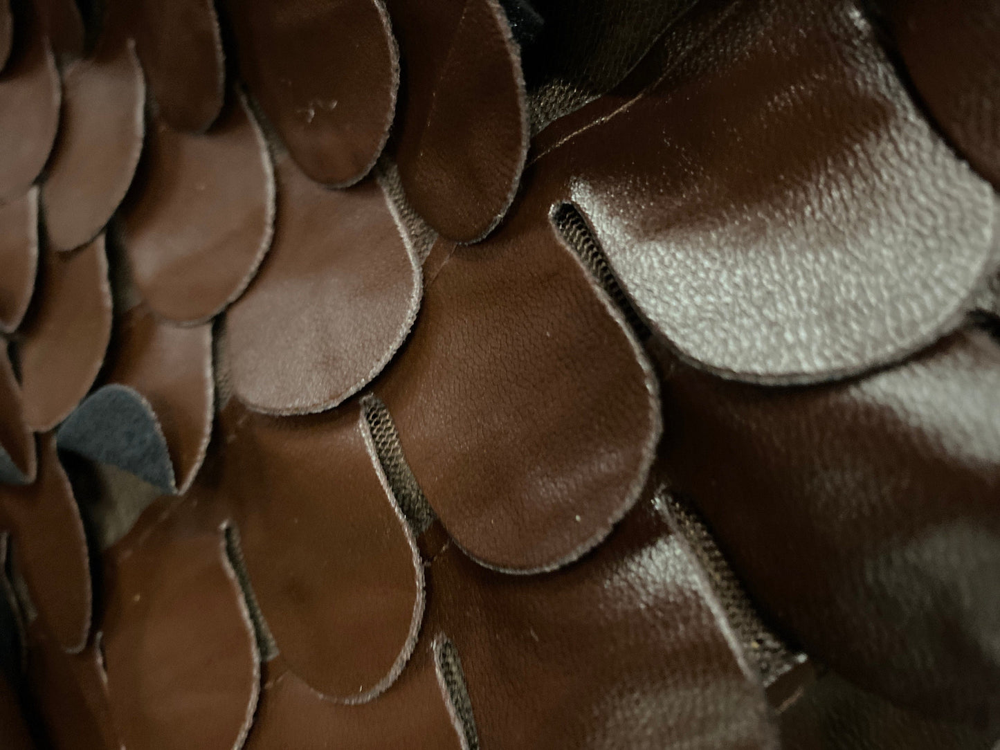 Dark brown scalloped leatherette Roman armour, mediaeval, re-enactments fabric, per metre