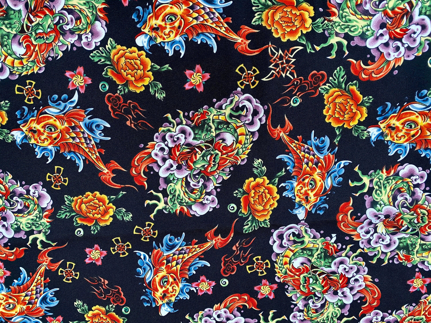 Oriental koi carp floral printed woven polyester dress fabric, per metre