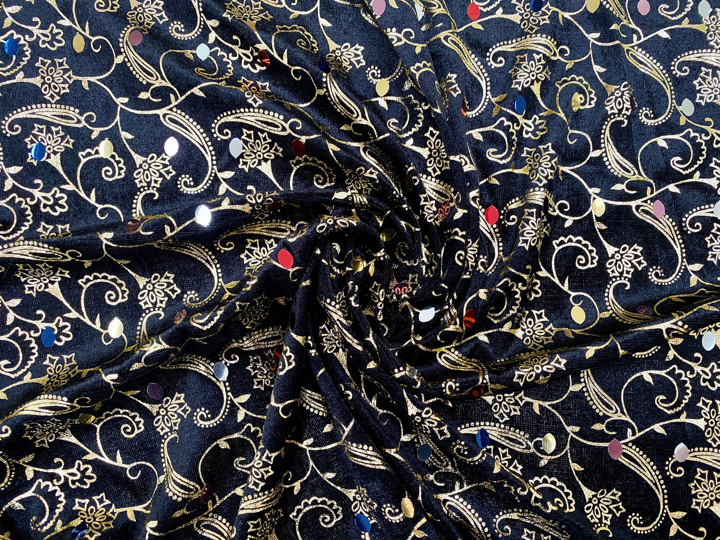 Black velour fabric with gold paisley print & sequins, per metre