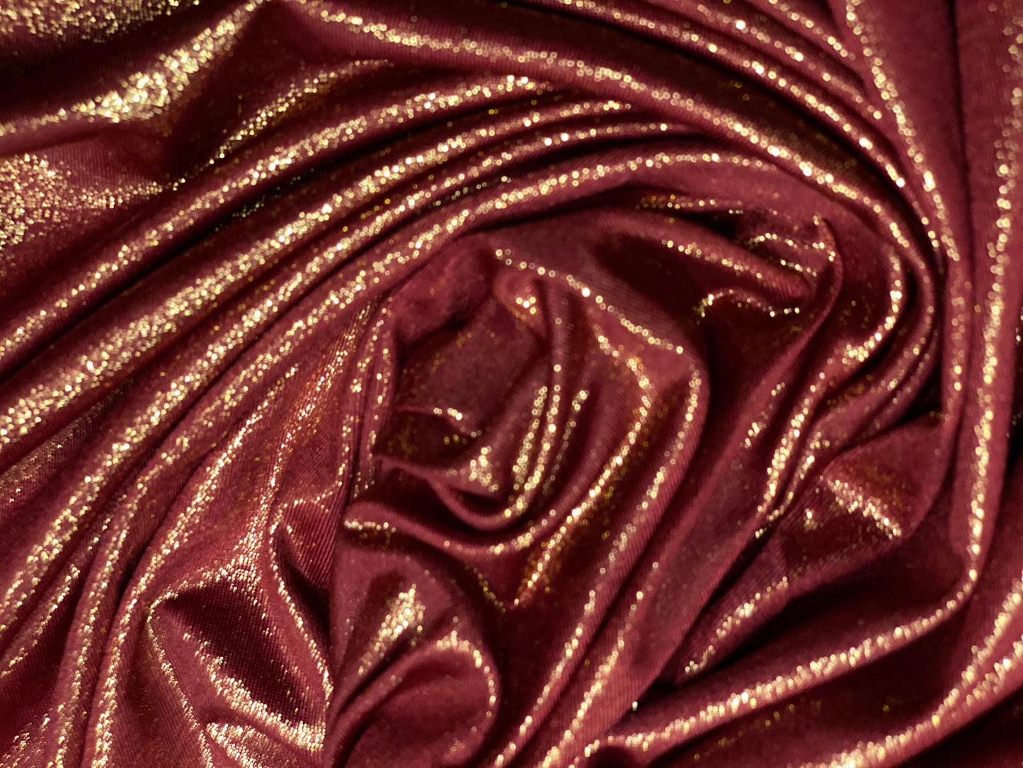 Spandex stretch single jersey fabric, per metre - metallic shimmer finish - garnet & gold