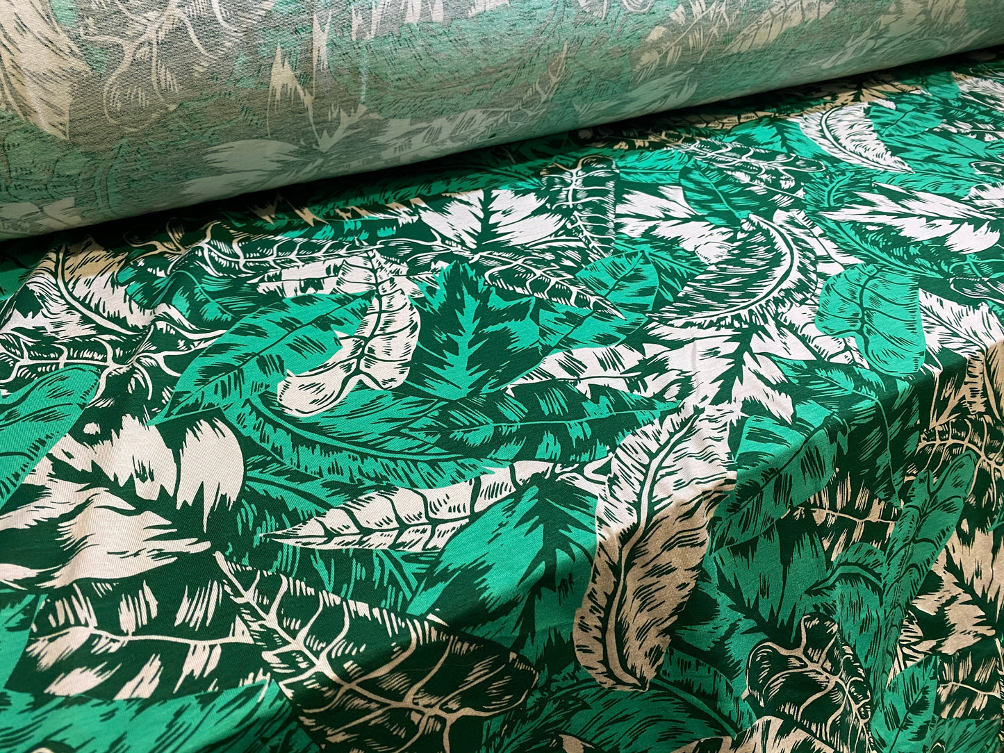 Viscose Elastane  stretch jersey fabric, per metre - green & white leaf leaves print