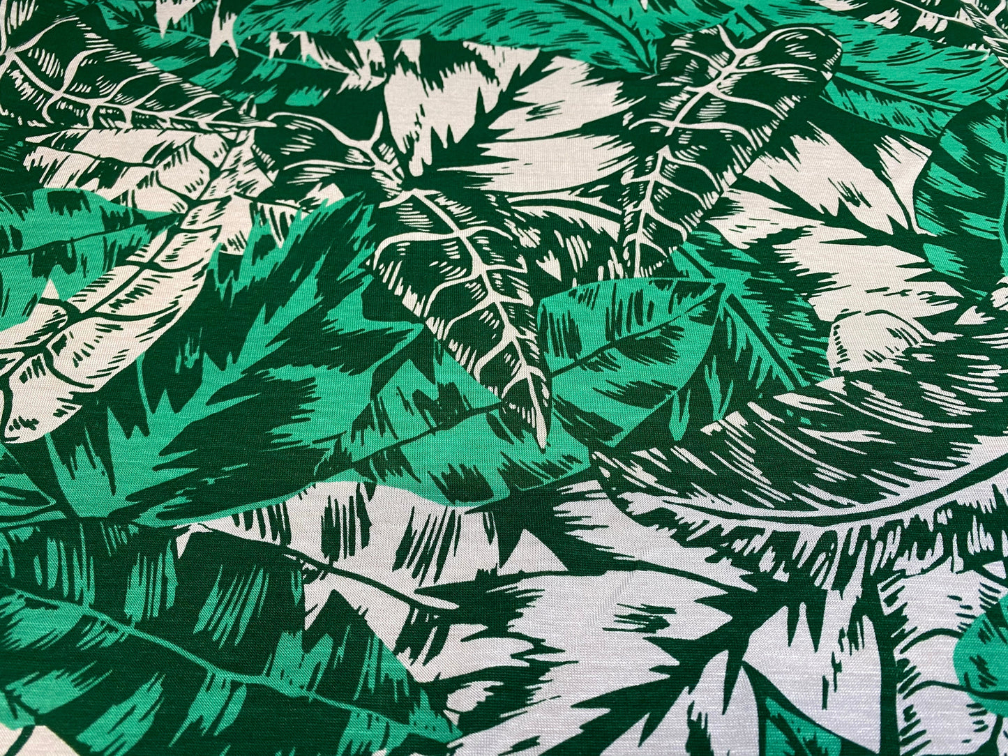 Viscose Elastane  stretch jersey fabric, per metre - green & white leaf leaves print