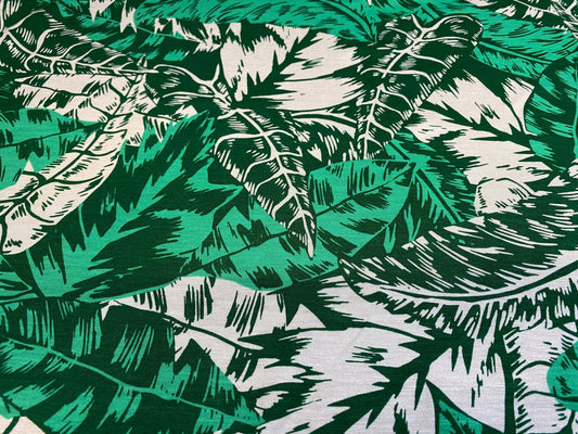 Viscose Elastane  stretch jersey fabric, per metre - green & white leaf leaves print