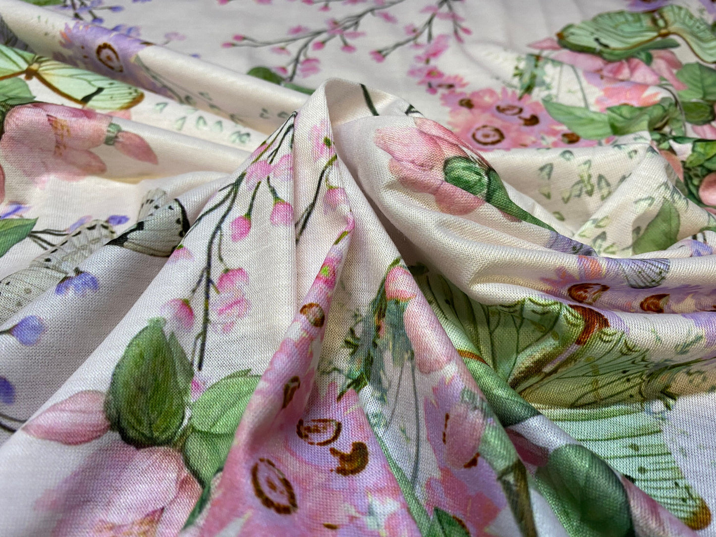 Butterfly print soft handle jersey fabric, per metre - one way stretch