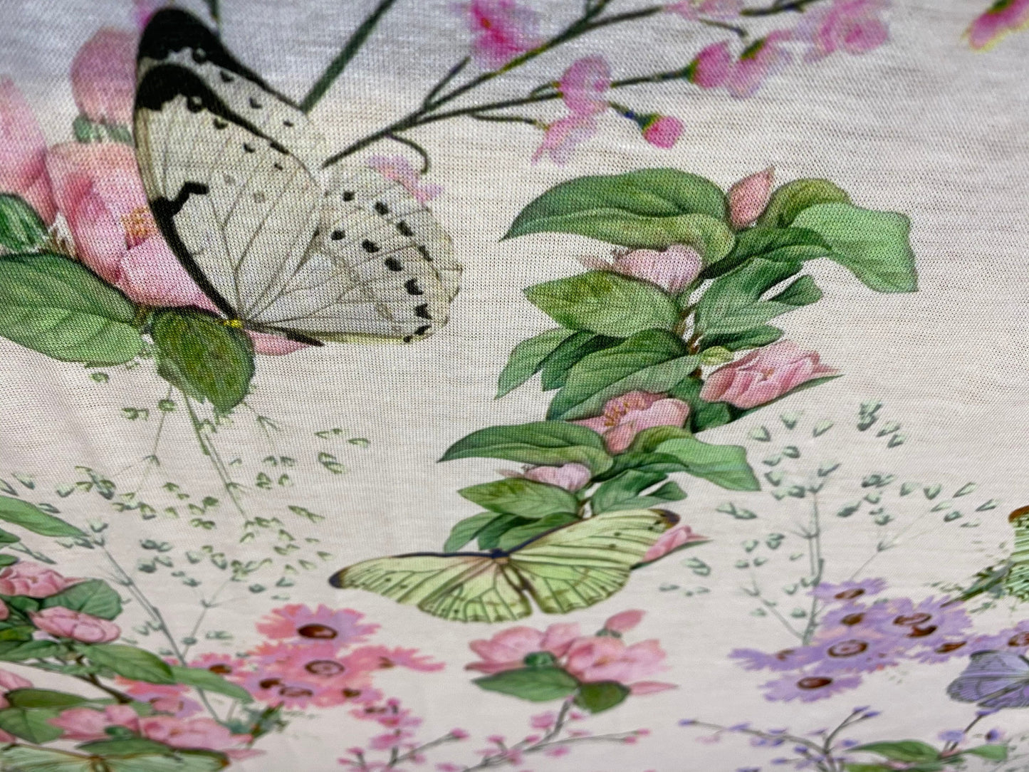 Butterfly print soft handle jersey fabric, per metre - one way stretch