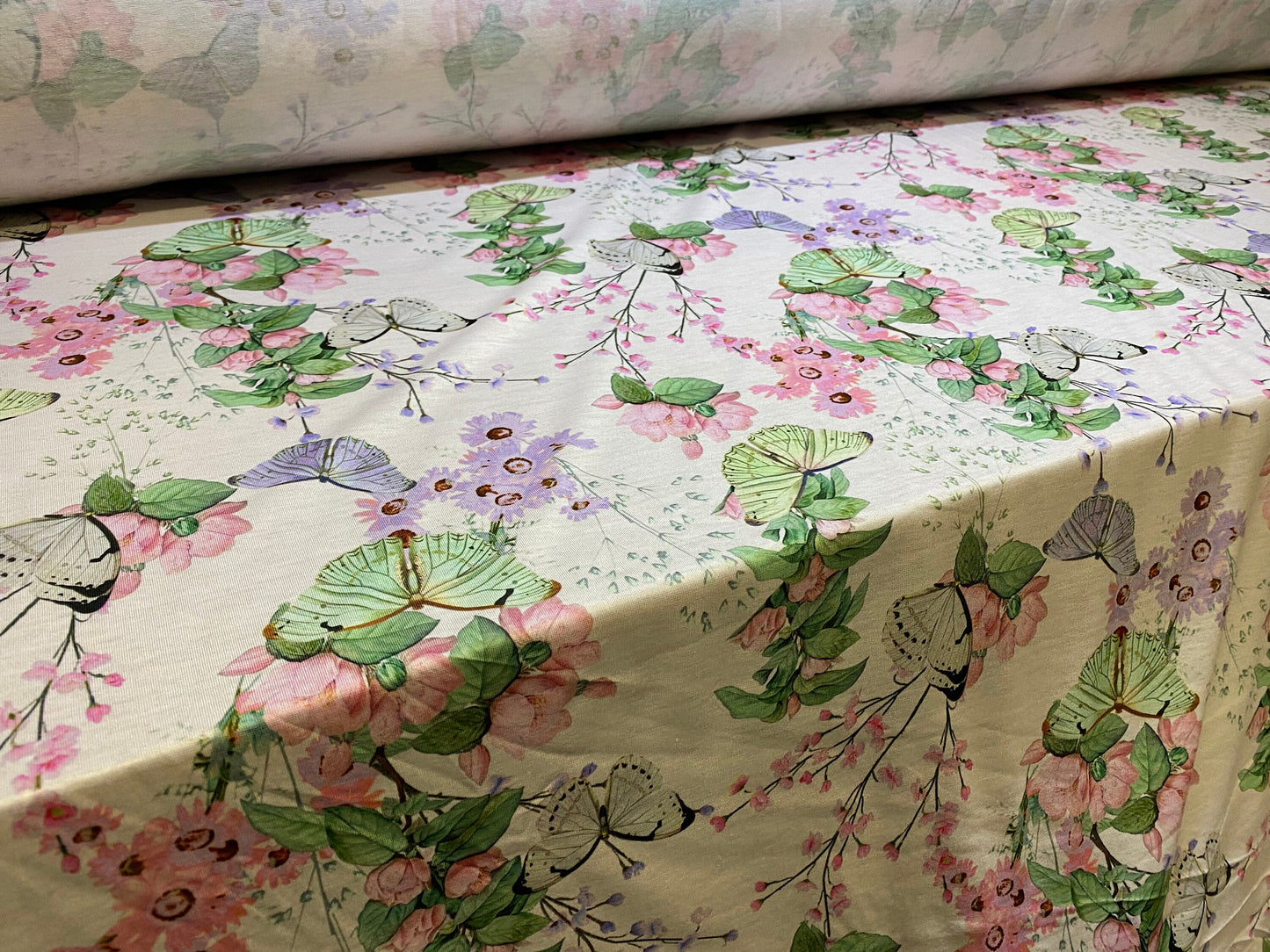 Butterfly print soft handle jersey fabric, per metre - one way stretch