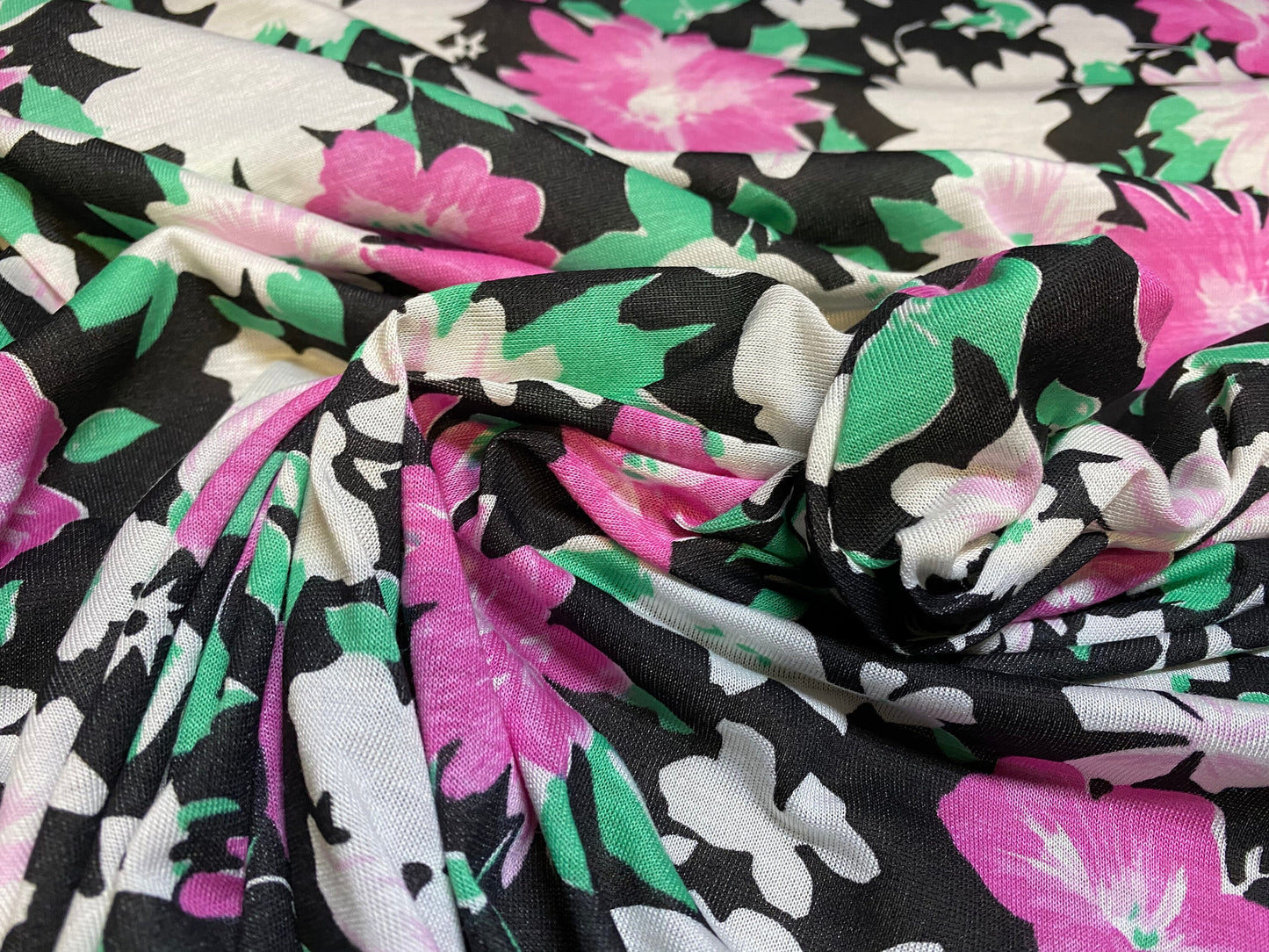 Viscose spandex stretch jersey fabric, per metre - black with magenta & cream floral print