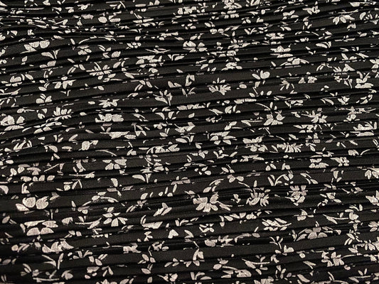 Plissé pleated satin dress fabric, per metre - ditsy flower print - black