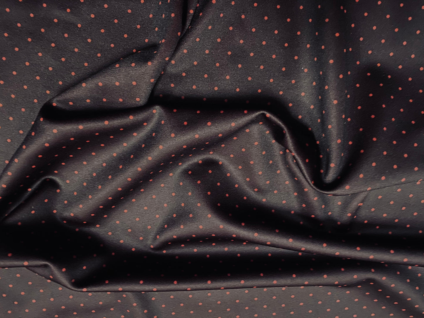 Printed Marcella Scuba Spandex Jersey Stretch Fabric, Per Metre - Black with rust spot spotty print