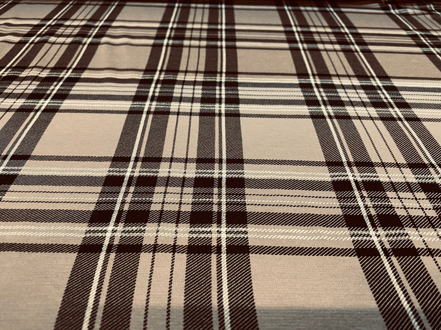 Viscose spandex stretch jersey fabric, per metre - Stone with black tartan check print