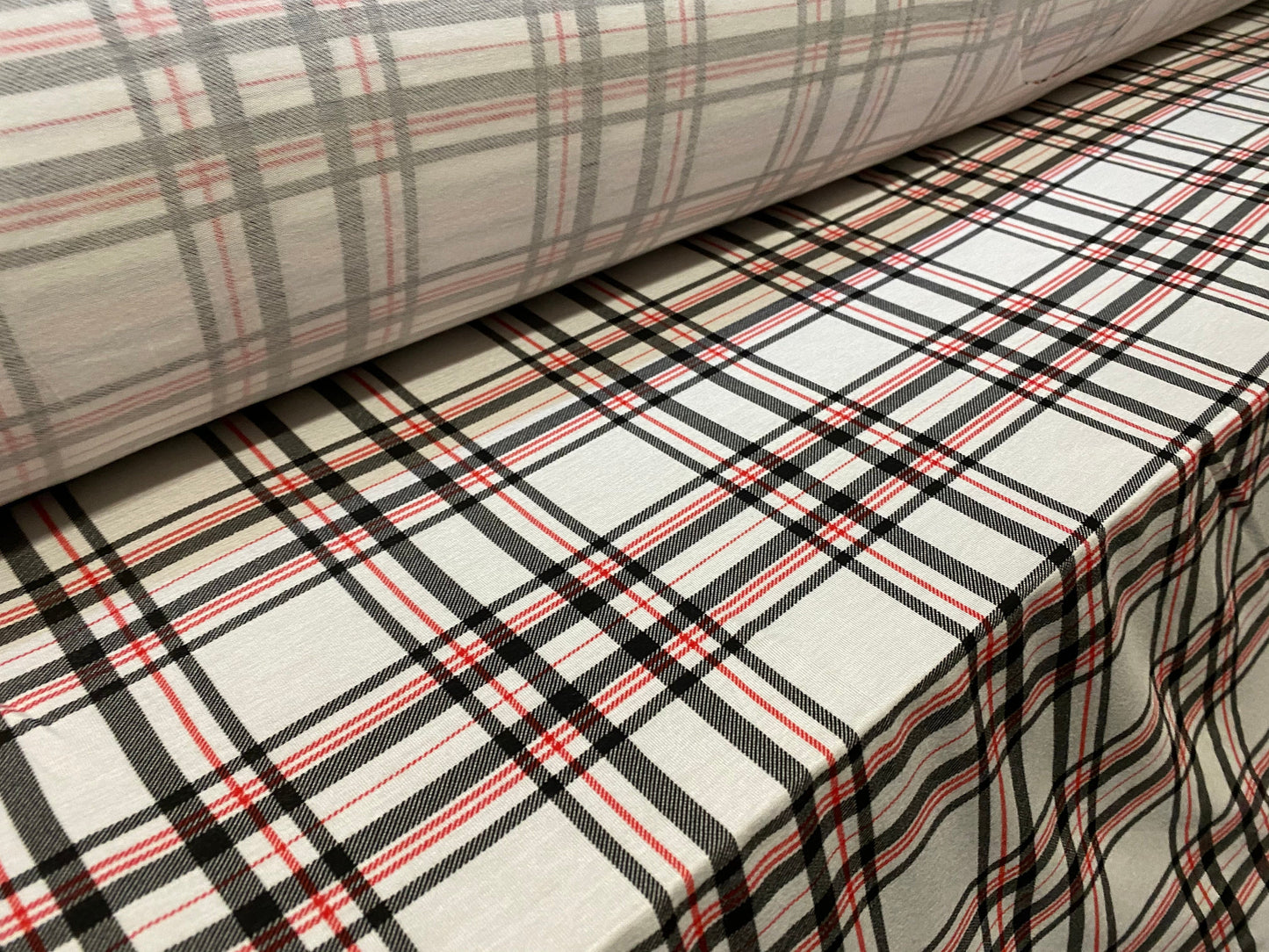 Viscose spandex stretch jersey fabric, per metre - white red & black check