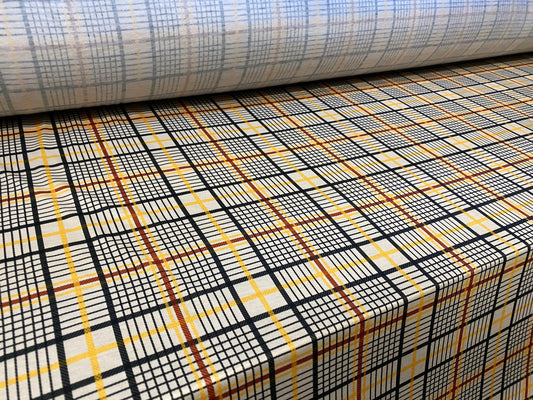 Check print soft handle jersey fabric, per metre - one way stretch. Stone and mustard check print