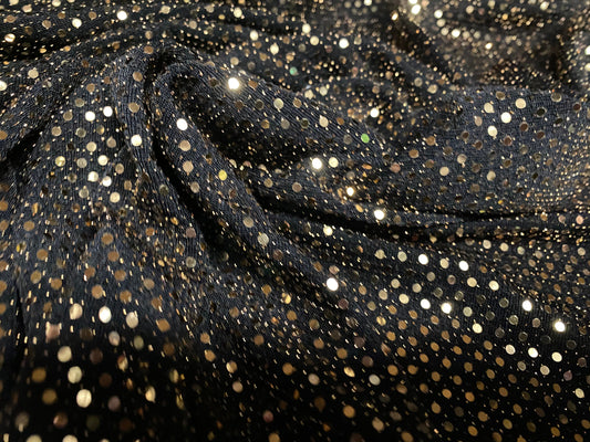 Black & gold mirrorball sequin stretch jersey fabric, per metre