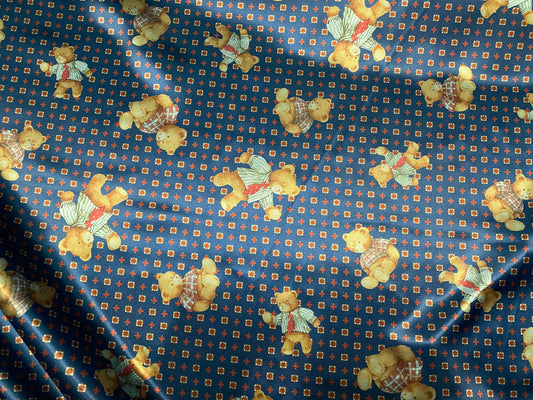 Printed silky satin - navy teddy bear print