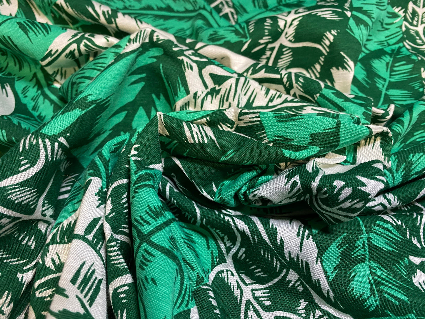 Viscose Elastane  stretch jersey fabric, per metre - green & white leaf leaves print