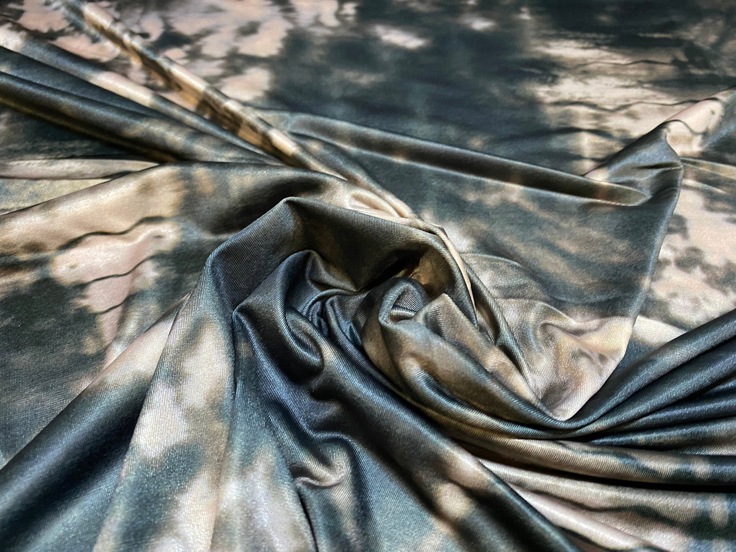 Soft touch spandex stretch jersey fabric, per metre - black & nude tie dye print