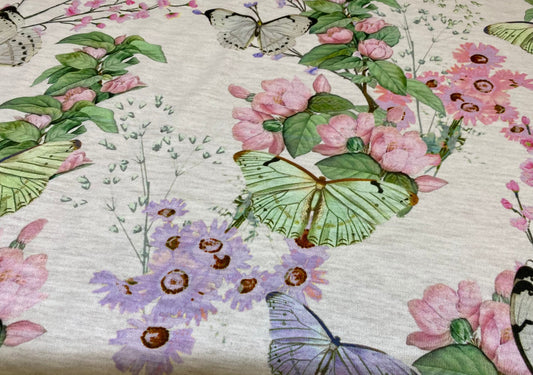 Butterfly print soft handle jersey fabric, per metre - one way stretch