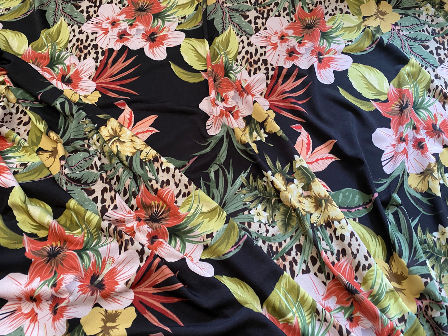 Tropical exotic flowers & leopardskin print spandex jersey fabric, per metre